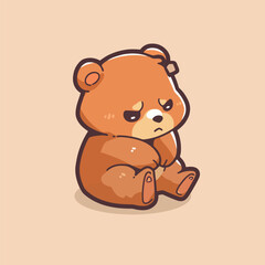 A brown bear with a sad face sits on a beige background.