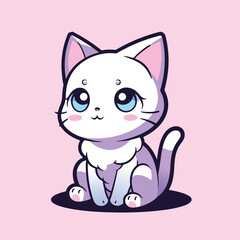 A cartoon cat with blue eyes sits on a pink background.