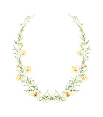 Watercolor elegant wreath, floral arrangement, summer field flowers composition, png illustration.