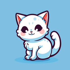 A cartoon of a white cat with black eyes sits on a blue background.