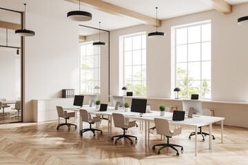 Light office room interior with coworking and meeting space, panoramic window
