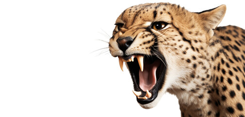 Fototapeta na wymiar Cheetah fury. Close up roaring Cheetah isolated on transparent background. PNG. DIgital art