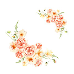 Watercolor elegant wreath, floral arrangement, summer field flowers composition, png illustration.