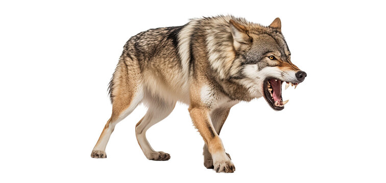 Portrait of a furious gray wolf. Angry wolf roaring isolated on