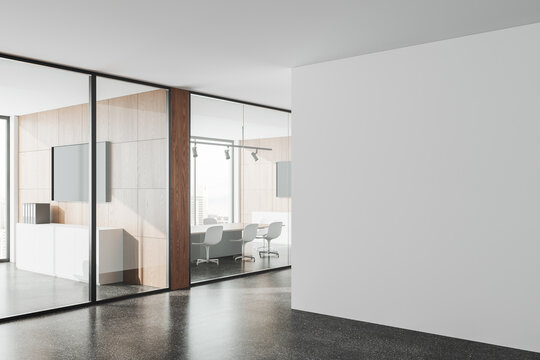 White and wooden office hall with mock up wall