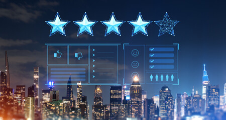 New York skyline and digital feedback dashboard hologram with stars