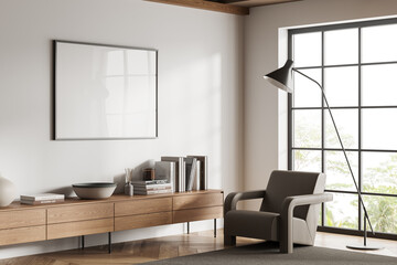 White relax room interior sideboard and armchair near window, mockup frame