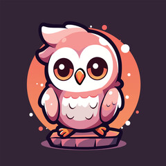 A cartoon owl with a pink face and yellow eyes sits on a stone.