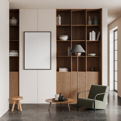 White living room with bookcase and poster © ImageFlow