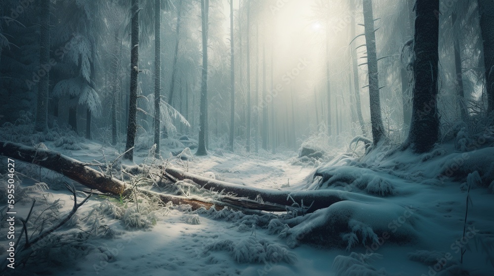 Poster a snowy forest with a sun shining through the trees and snow on the ground. generative ai