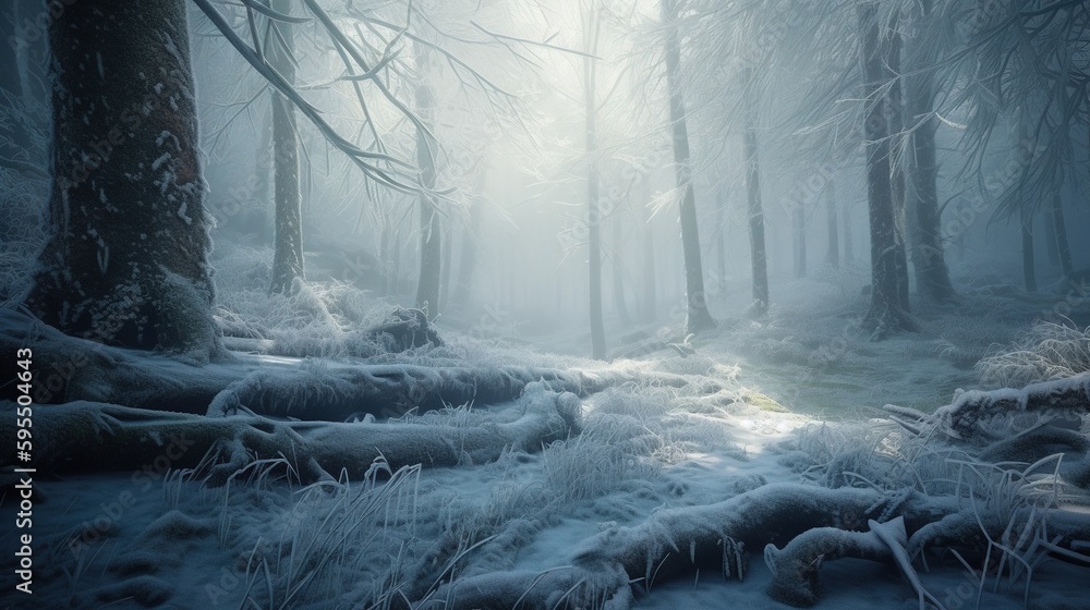 Poster a path through a snowy forest in the middle of winter. generative ai