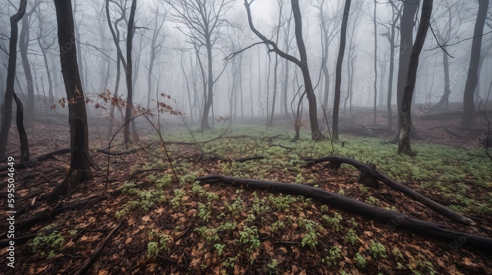 Poster a forest filled with lots of trees covered in foggy weather. generative ai