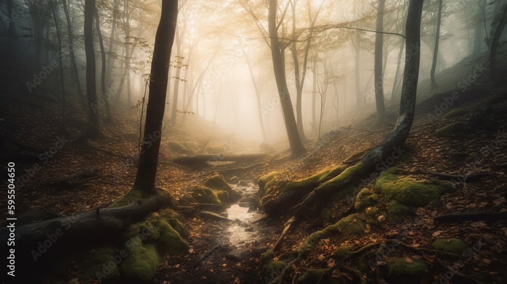 Poster  a stream running through a forest filled with lots of trees.  generative ai