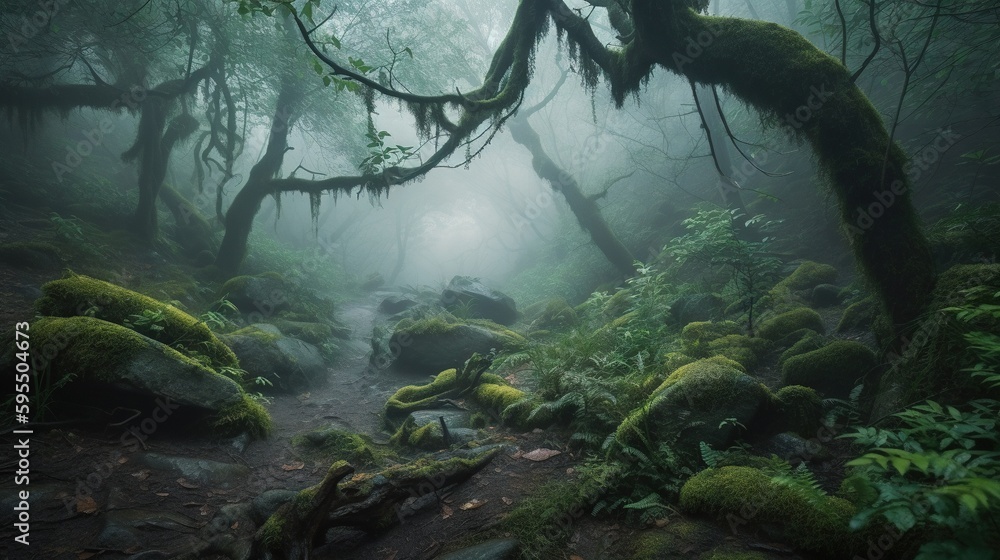 Poster a path through a dense forest with moss growing on the rocks. generative ai