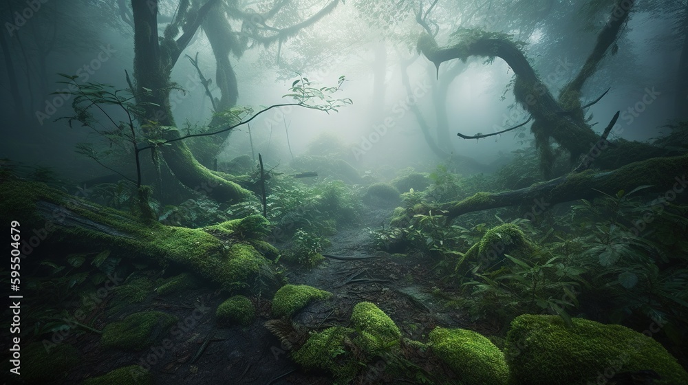 Poster a path in a forest with moss growing on the ground. generative ai