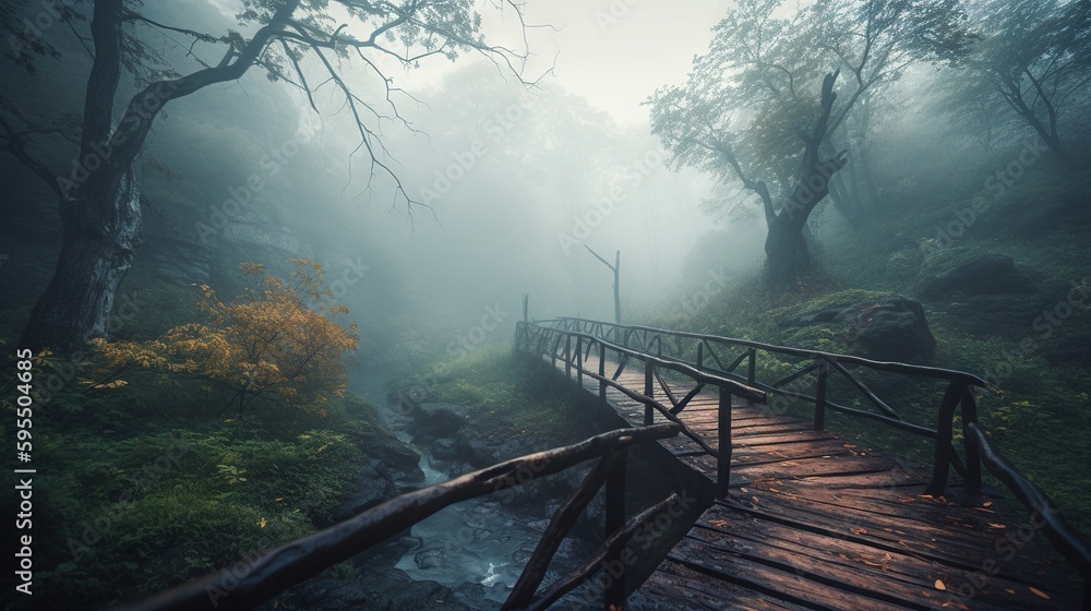 Poster a wooden bridge over a stream in a forest on a foggy day. generative ai
