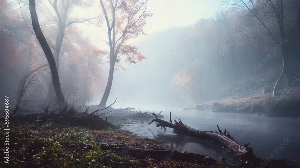 Poster a foggy river with a fallen tree in the foreground. generative ai