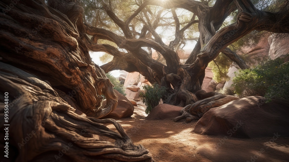 Poster a large tree in the middle of a rocky area with sun shining through the branches. generative ai