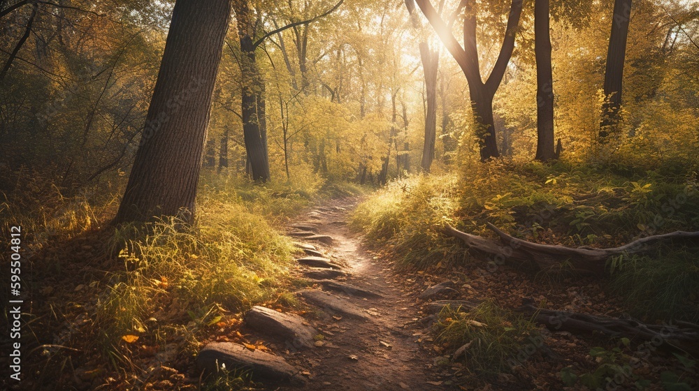 Poster a path in the woods with sun shining through the trees. generative ai
