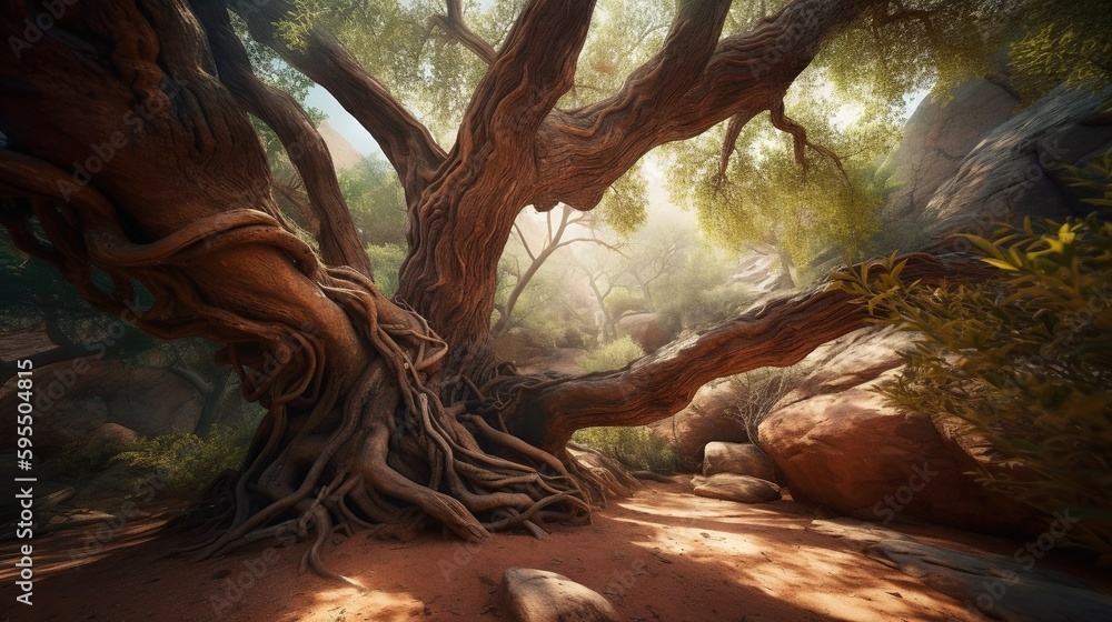Poster a painting of a tree in the middle of a forest. generative ai