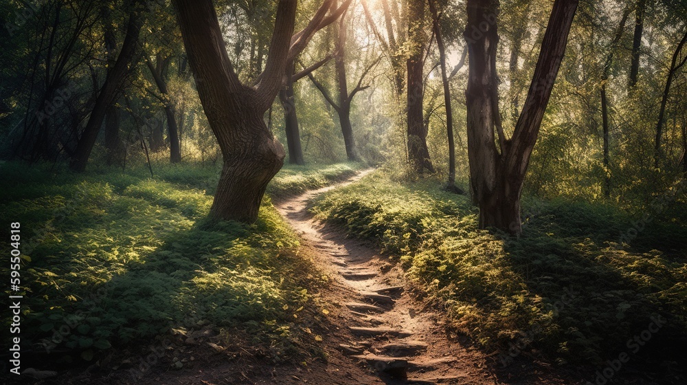 Poster a path in a forest with sun shining through the trees. generative ai