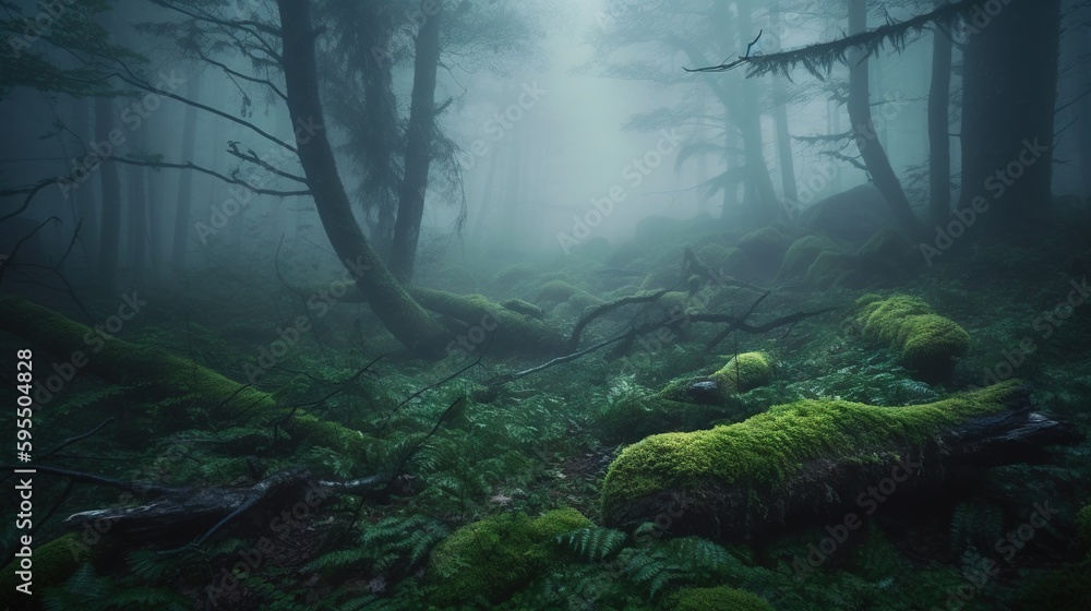 Poster a mossy forest with a few trees in the background. generative ai
