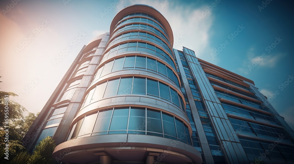 Poster a very tall building with a lot of windows on it. generative ai