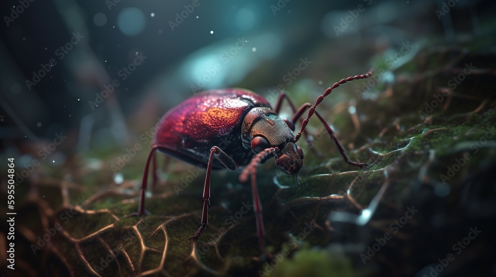 Poster a close up of a bug on a mossy surface. generative ai