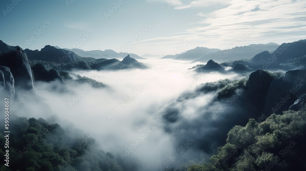 Aufkleber a view of a foggy mountain range with trees in the foreground. generative ai