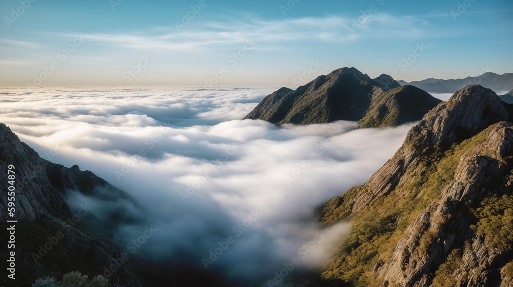 Poster a view of a mountain range with low lying clouds in the foreground. generative ai