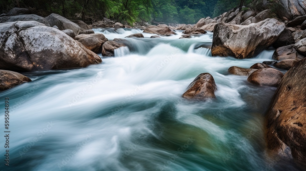 Poster a river with rocks and water moving through the middle of it. generative ai