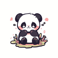 A cute panda bear with a pink face and black eyes sits on a leaf. © LEI