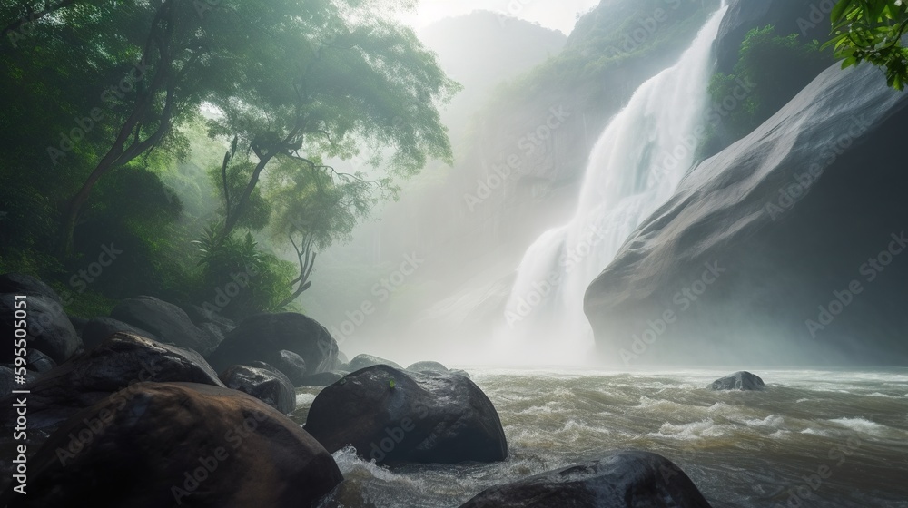 Poster a large waterfall in the middle of a forest filled with rocks. generative ai