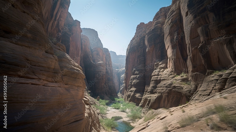 Poster a narrow canyon with a river running through it in the desert. generative ai