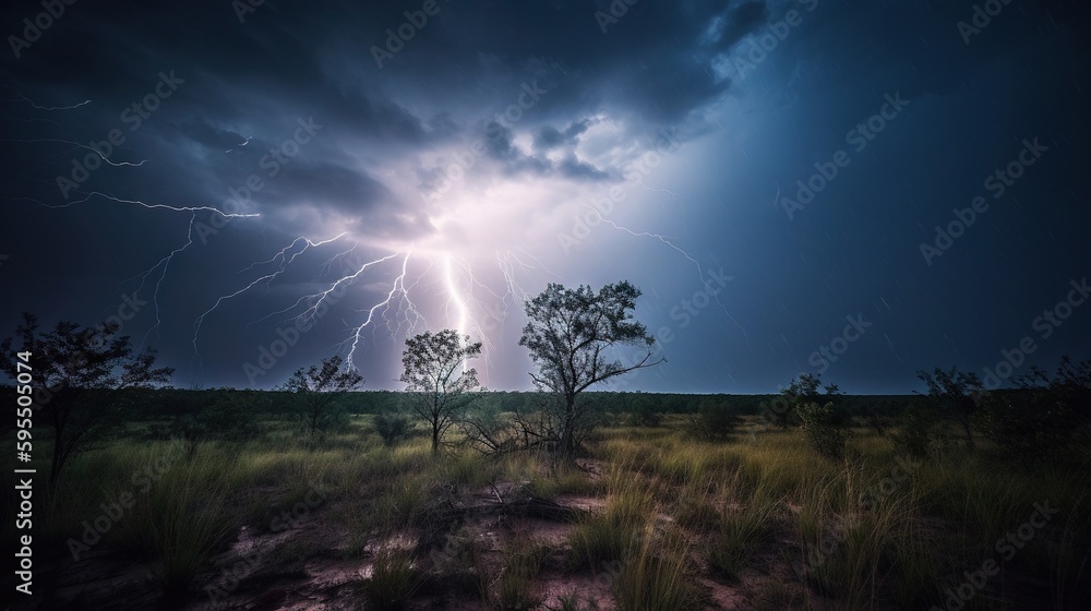 Poster a lightning bolt strikes over a field with trees and grass. generative ai