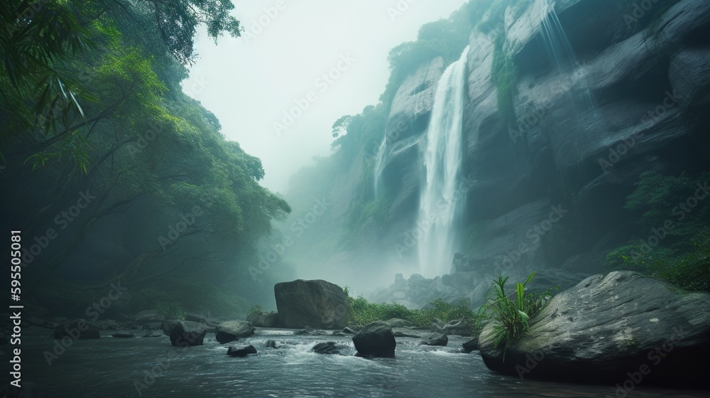 Poster a waterfall in the middle of a jungle with rocks and trees. generative ai