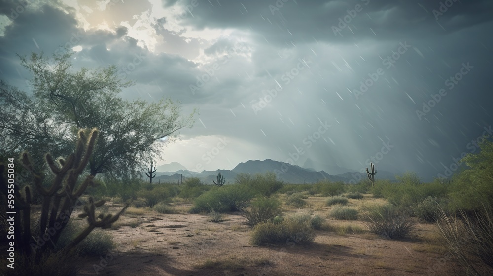 Poster  a desert scene with a cactus tree and storm clouds in the background.  generative ai