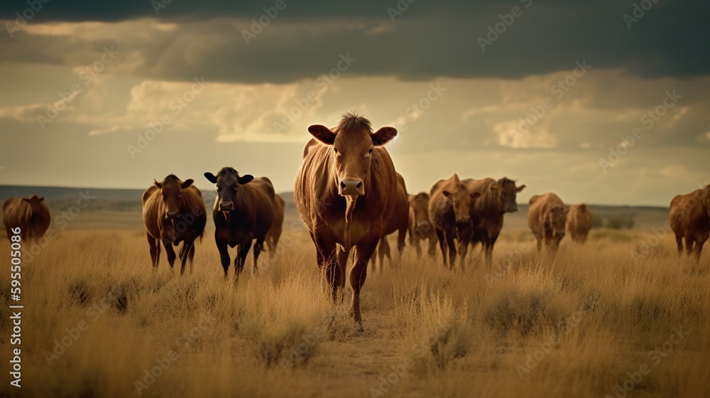 Poster a herd of cattle walking across a dry grass field under a cloudy sky. generative ai