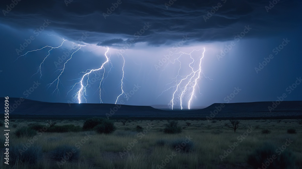 Poster a lightning storm is seen in the distance over a field. generative ai
