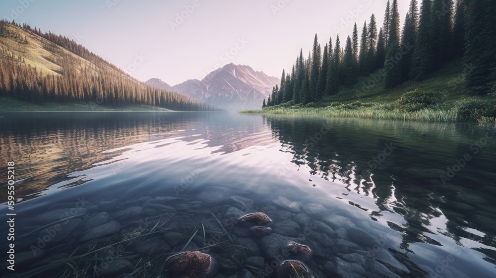 Poster a lake surrounded by pine trees and a mountain in the background. generative ai