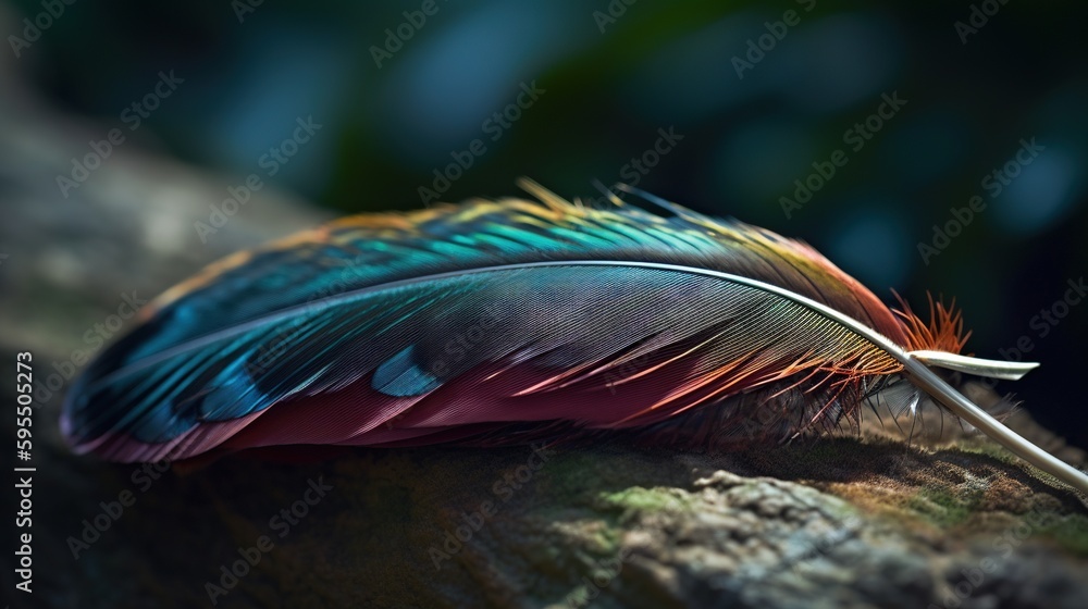 Poster a feather resting on a tree branch with a blurry background. generative ai