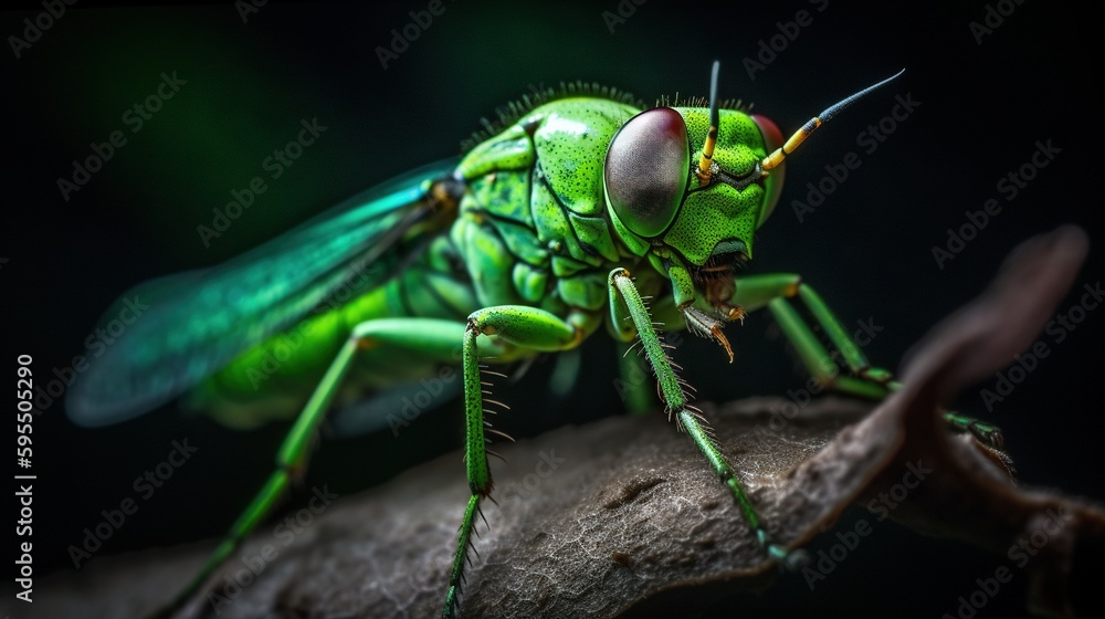 Poster a close up of a green insect on a tree branch. generative ai