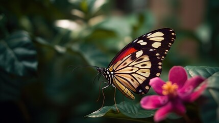 Plakat a butterfly sitting on top of a flower next to a green leaf. generative ai