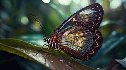 Fototapeta na wymiar a large butterfly sitting on top of a green plant leaf. generative ai