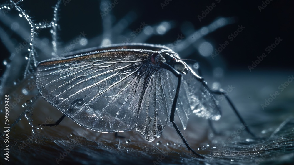 Poster a close up of a bug with water droplets on it. generative ai
