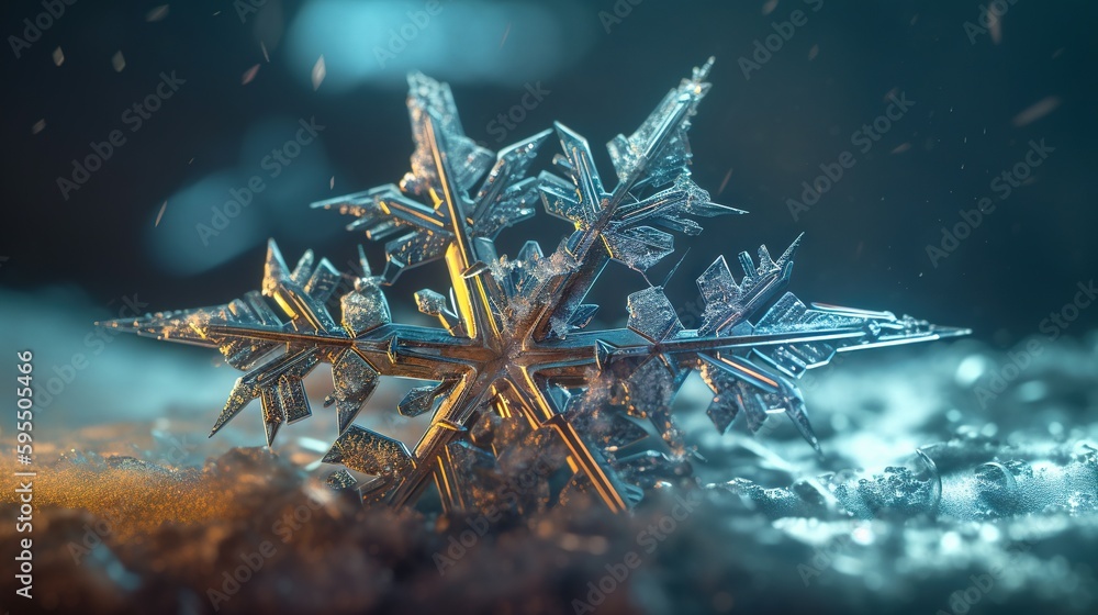Poster a close up of a snowflake on a snowy surface. generative ai