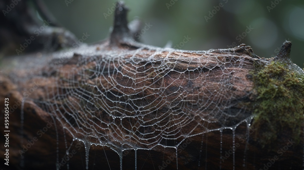 Poster  a close up of a spider web on a tree branch.  generative ai