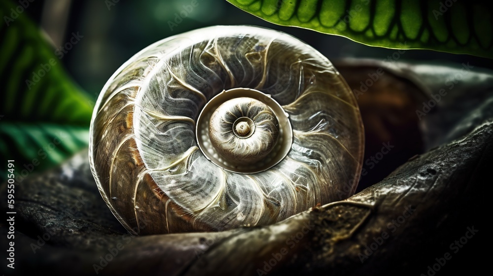 Poster a close up of a shell on a leafy surface. generative ai