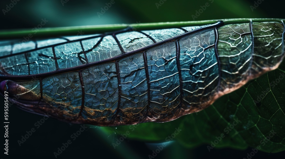 Poster a close up of a green leaf with a black background. generative ai