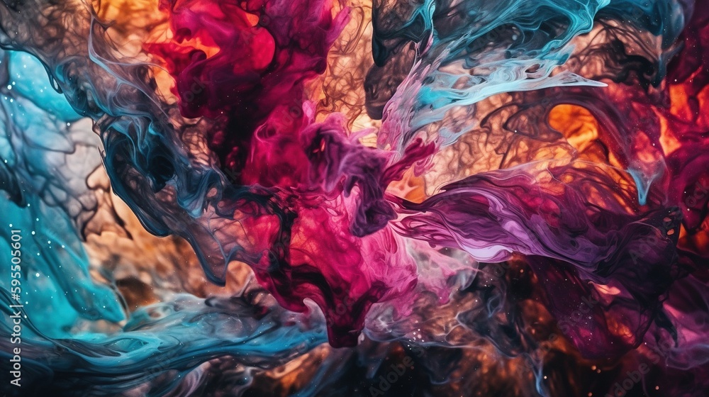 Poster a mixture of colored inks in water and inkspots. generative ai